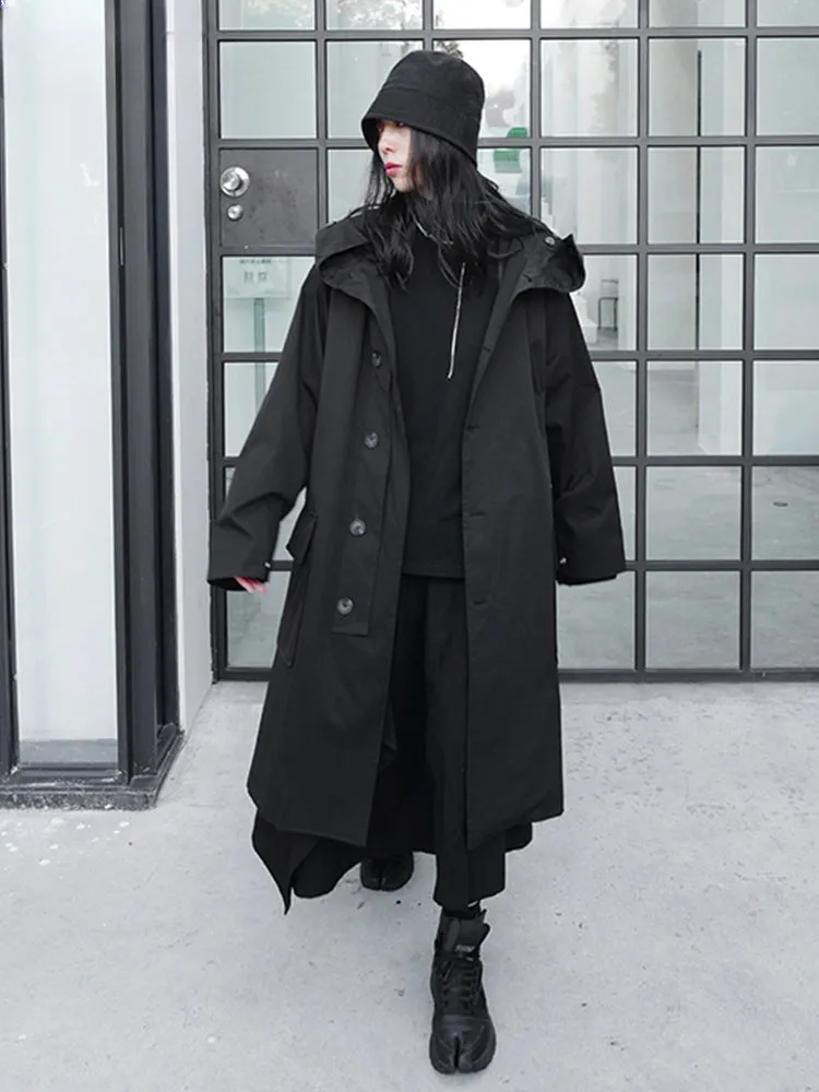 Spring Autumn Long Oversized Black Hood Dark Academia Aesthetic Luxury Designer 2024 Stylish Coat