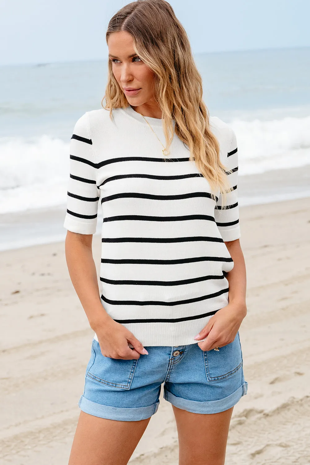 Striped Half Sleeve Knitted Tee