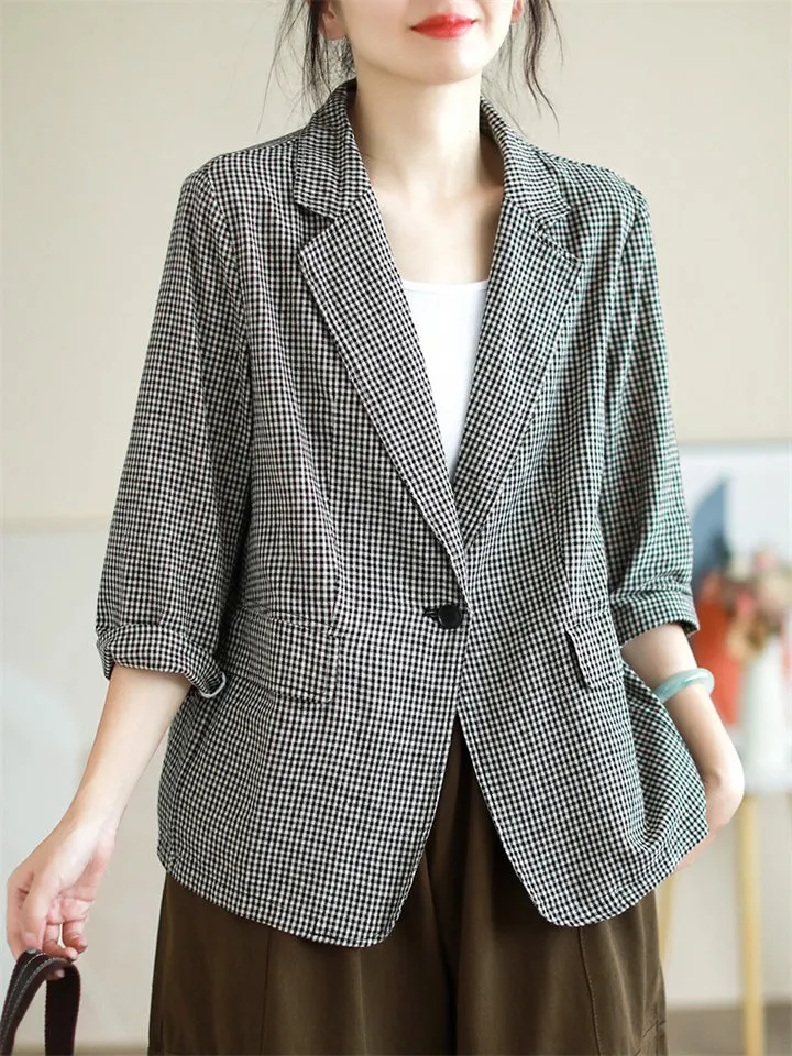 Women's Trendy Casual Plaid Notched Lapel Long Sleeve Blazer