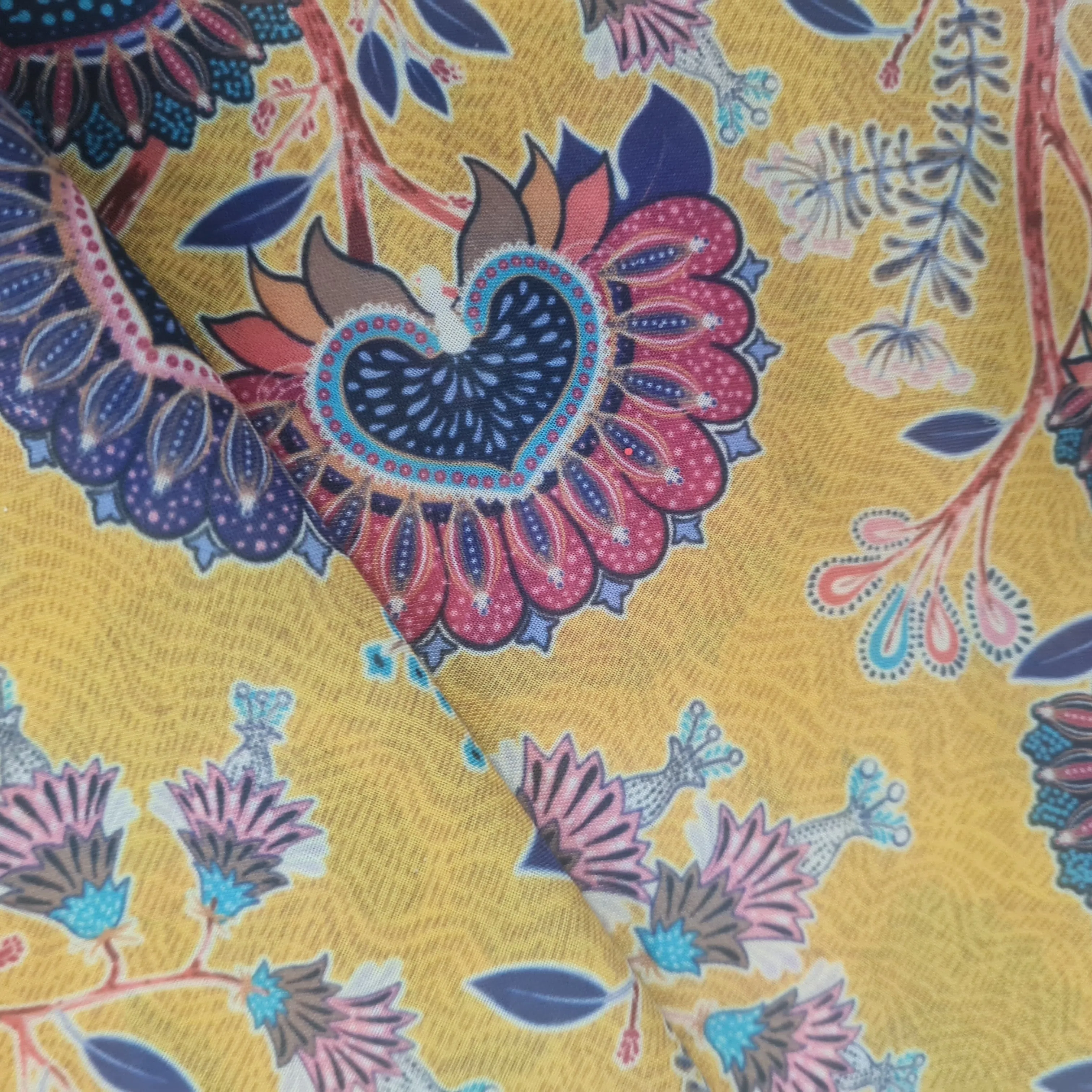 Yellow With Multicolor Floral Print Muslin Fabric